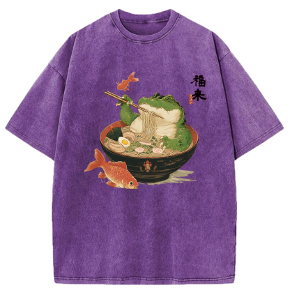 Tokyo-Tiger Fat Crocodile Eating Ramen Washed T-Shirt