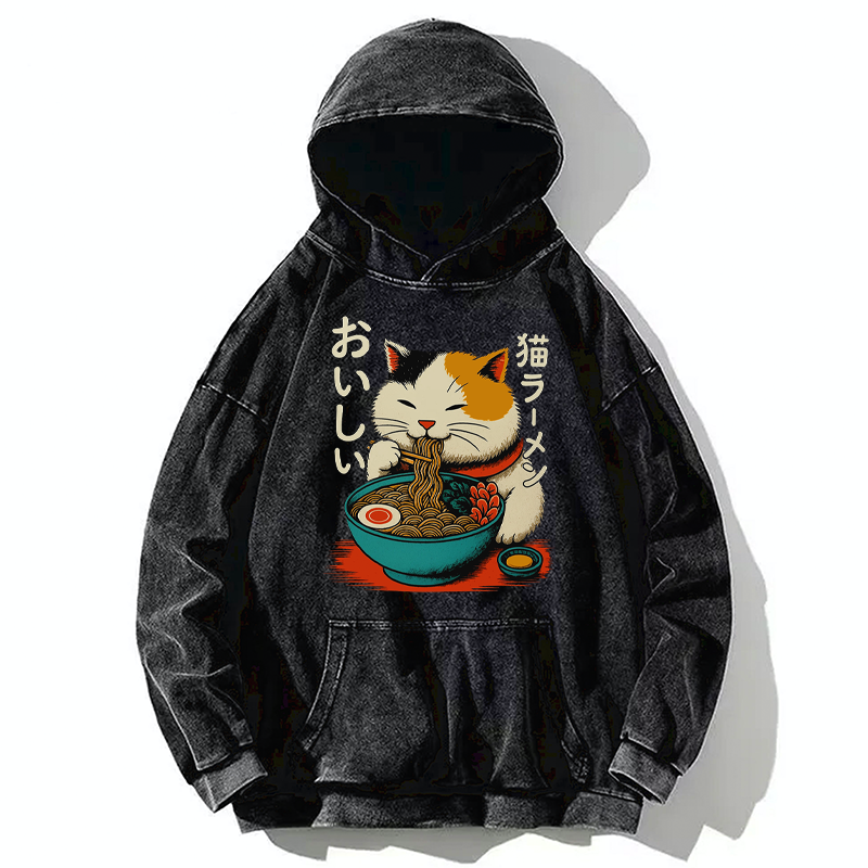 Tokyo-Tiger Cute Eat Eating Japanese Ramen Washed Hoodie