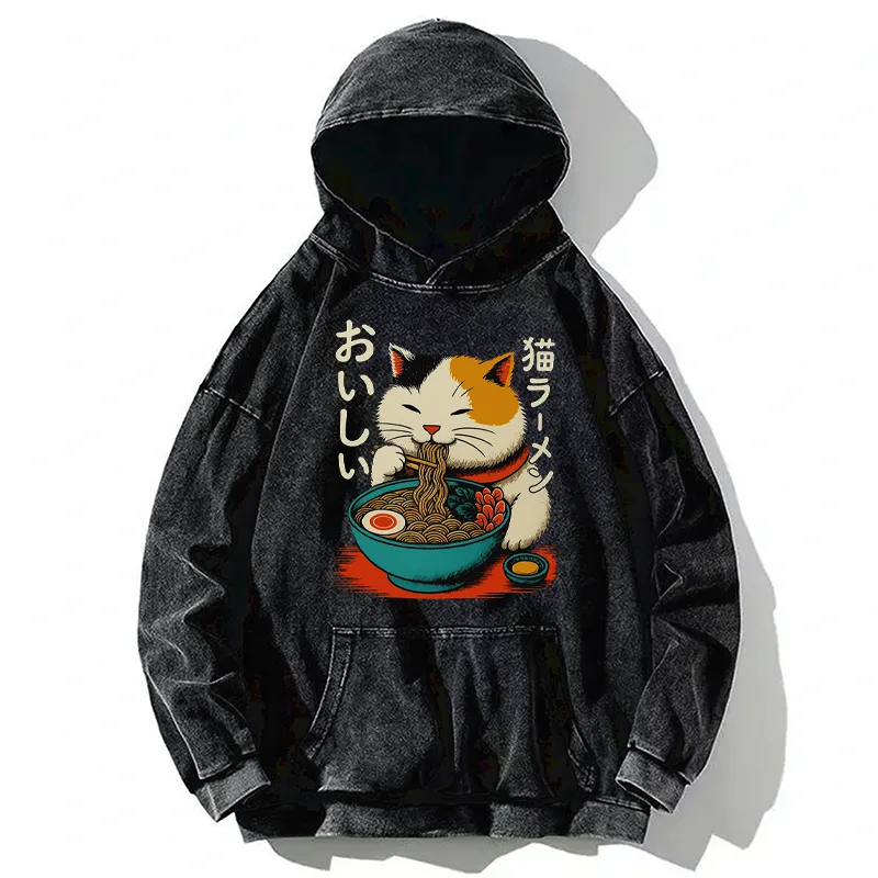 Tokyo-Tiger Cute Eat Eating Japanese Ramen Washed Hoodie