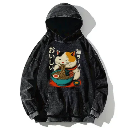 Tokyo-Tiger Cute Eat Eating Japanese Ramen Washed Hoodie
