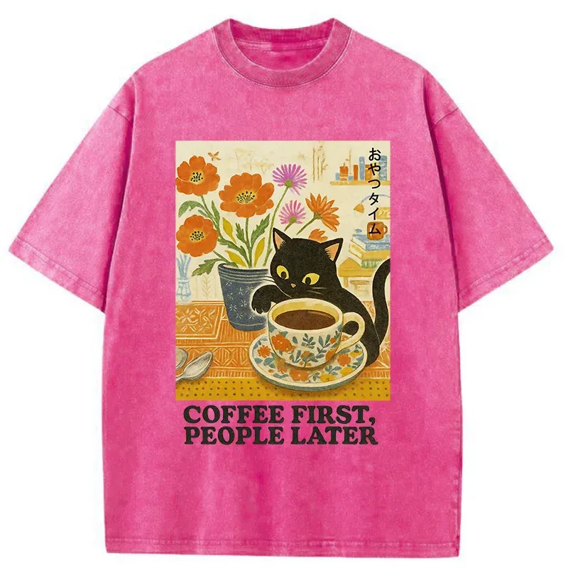 Tokyo-Tiger Kitten Drinks Coffee First Washed T-Shirt