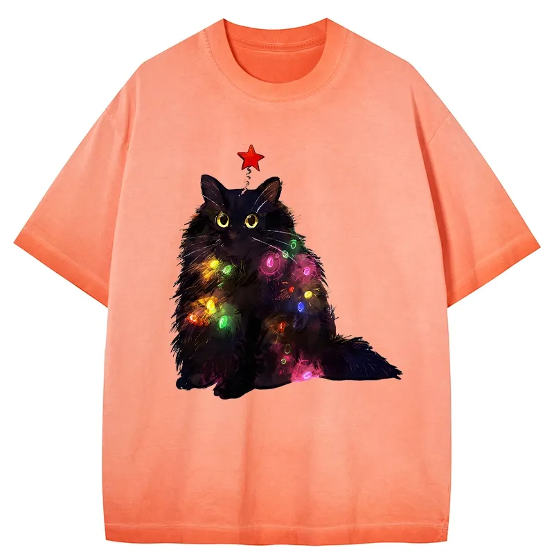 Tokyo-Tiger Christmas Lights Cat Gradient Washed T-Shirt