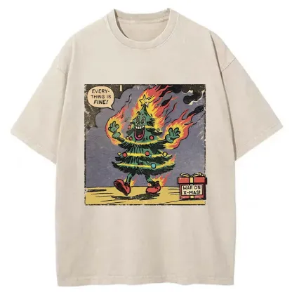 Tokyo-Tiger Christmas Tree On Fire Washed T-Shirt