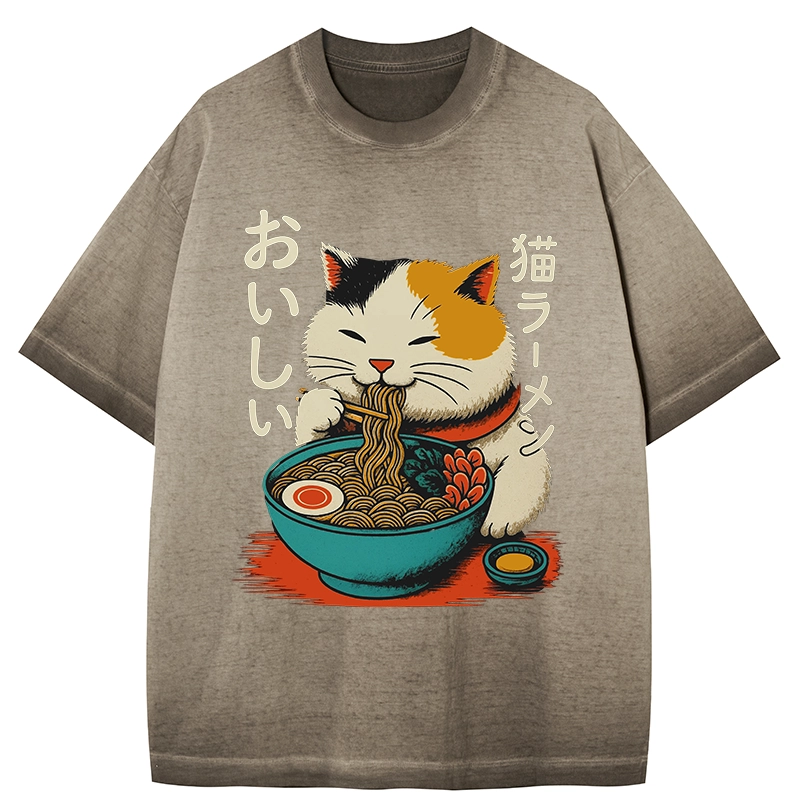 Tokyo-Tiger Cute Eat Eating Japanese Ramen Gradient Washed T-Shirt