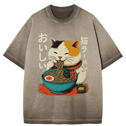 Tokyo-Tiger Cute Eat Eating Japanese Ramen Gradient Washed T-Shirt