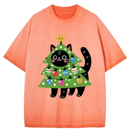Tokyo-Tiger Christmas Tree Cat Gradient Washed T-Shirt