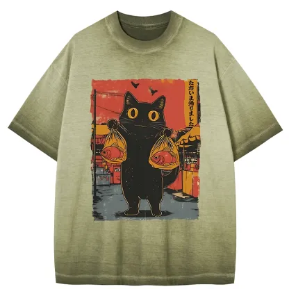Tokyo-Tiger Cat Fishing Japanese Gradient Washed T-Shirt