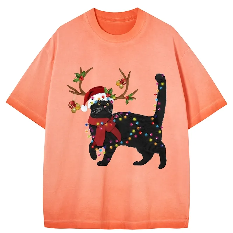 Tokyo-Tiger Christmas Black Cat Gradient Washed T-Shirt