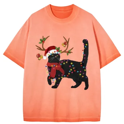 Tokyo-Tiger Christmas Black Cat Gradient Washed T-Shirt