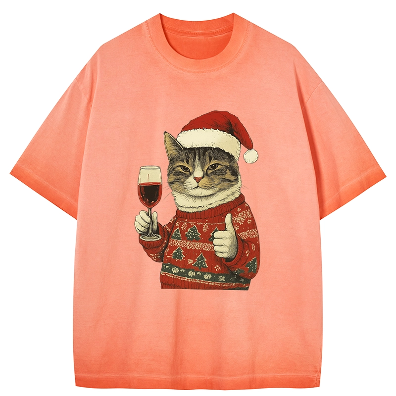 Tokyo-Tiger Christmas Cat Likes Gradient Washed T-Shirt