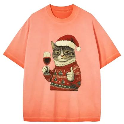Tokyo-Tiger Christmas Cat Likes Gradient Washed T-Shirt