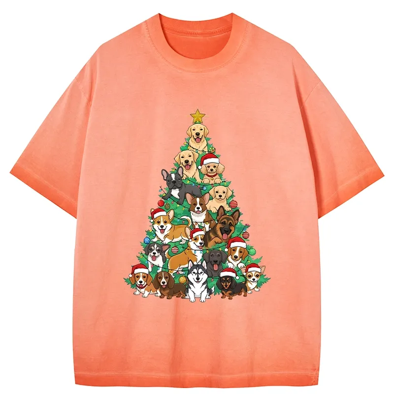 Tokyo-Tiger Christmas Tree Dog Funny Gradient Washed T-Shirt