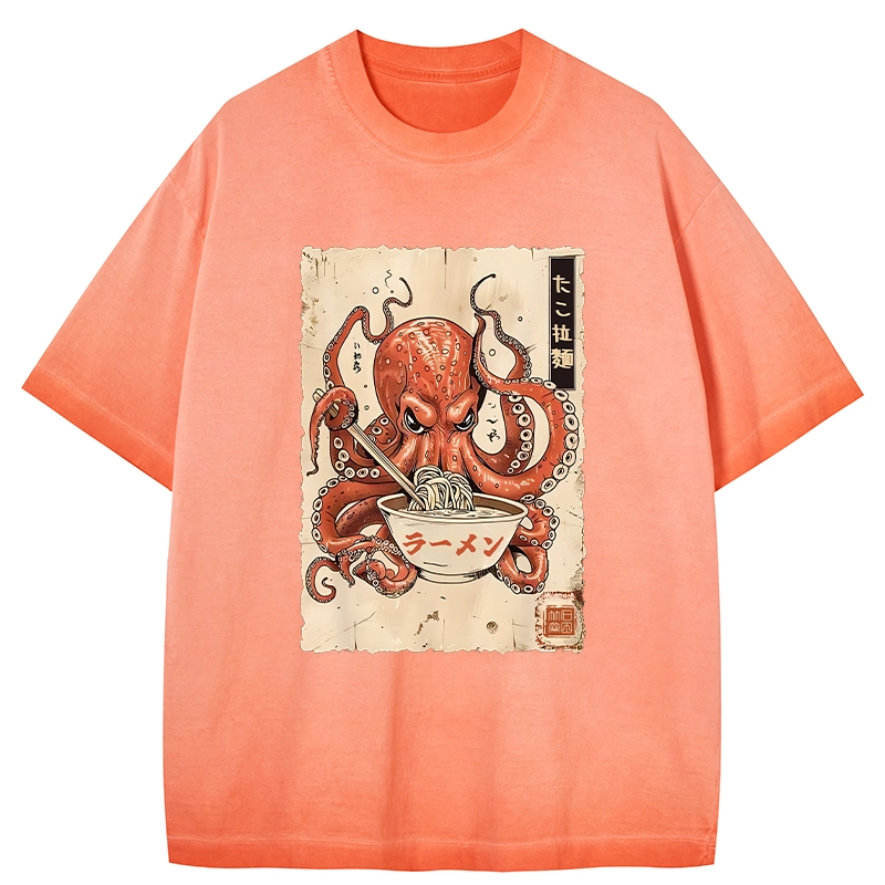 Tokyo-Tiger Retro Octopus Eating Ramen Gradient Washed T-Shirt
