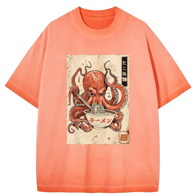 Tokyo-Tiger Retro Octopus Eating Ramen Gradient Washed T-Shirt