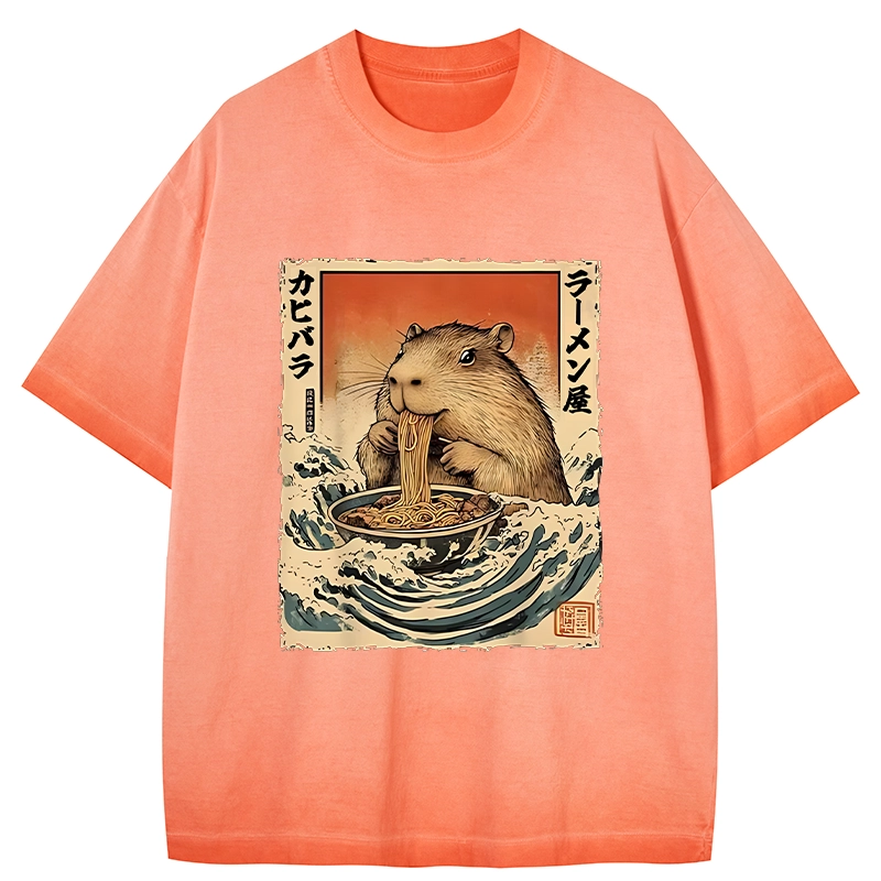 Tokyo-Tiger Hamster Eating Ramen Gradient Washed T-Shirt