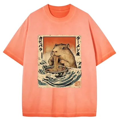 Tokyo-Tiger Hamster Eating Ramen Gradient Washed T-Shirt