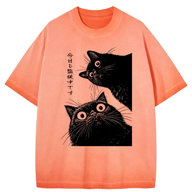 Tokyo-Tiger The Cat Is Watching Today Gradient Washed T-Shirt