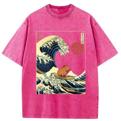 Tokyo-Tiger Capybara Surfing Washed T-Shirt