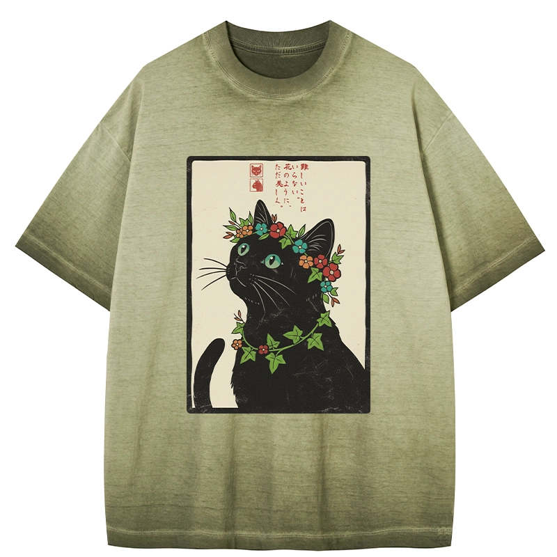 Tokyo-Tiger The Flower-Crowned Cat Gradient Washed T-Shirt