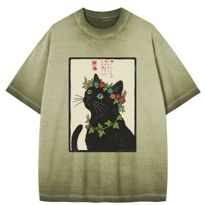 Tokyo-Tiger The Flower-Crowned Cat Gradient Washed T-Shirt