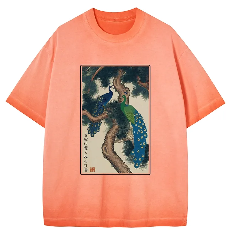 Tokyo-Tiger Peacocks in Snowy Pines Gradient Washed T-Shirt