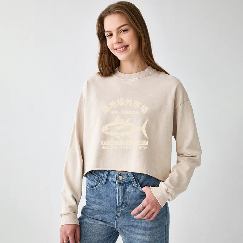 Tokyo-Tiger Japan Tsukiji Fish Market Washed Crop Sweatshirt