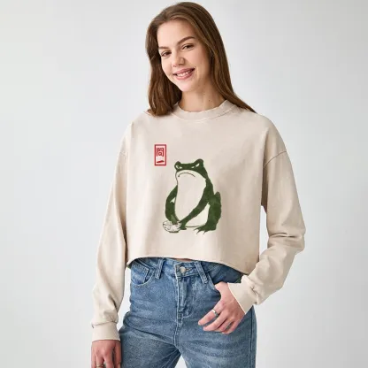 Tokyo-Tiger Woodblock Print Frog Washed Crop Sweatshirt