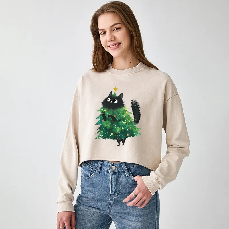 Tokyo-Tiger Christmas Tree Cat Japan Washed Crop Sweatshirt