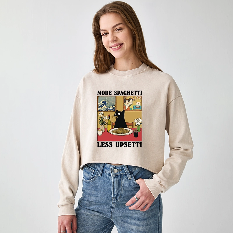 Tokyo-Tiger Cat Eating Pasta Washed Crop Sweatshirt