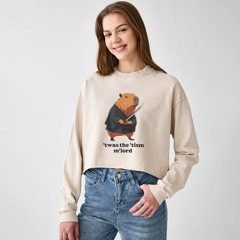 Tokyo-Tiger Focused Samurai Capybara Washed Crop Sweatshirt