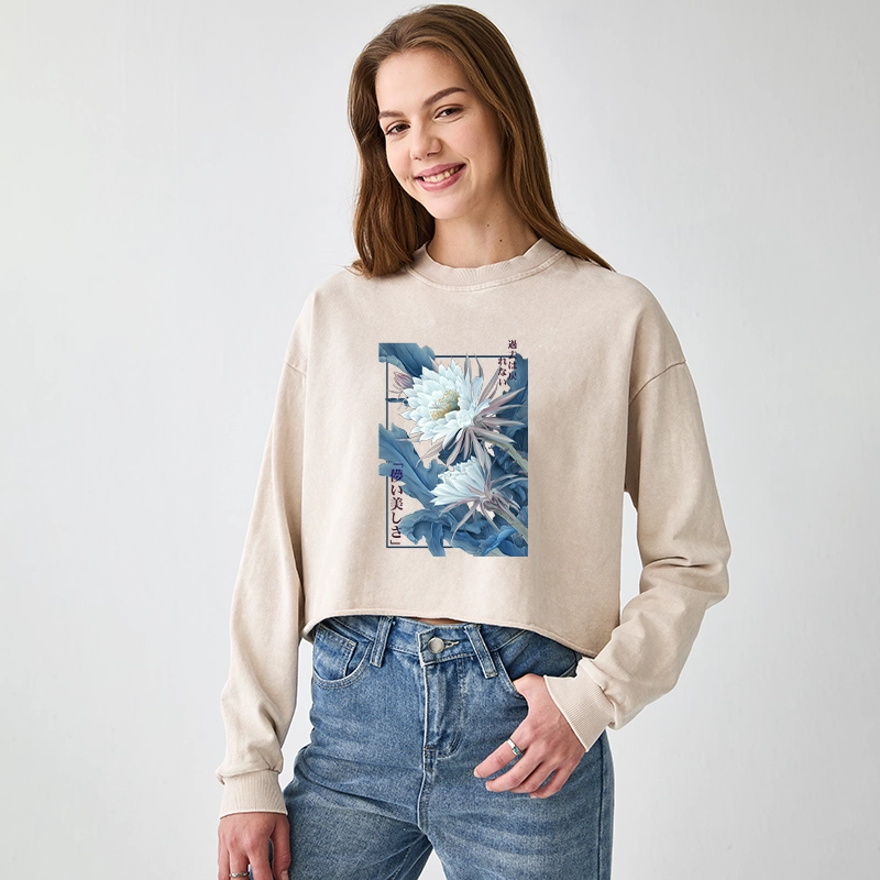 Tokyo-Tiger Vintage Epiphyllum-Short-lived beauty Poster Washed Crop Sweatshirt