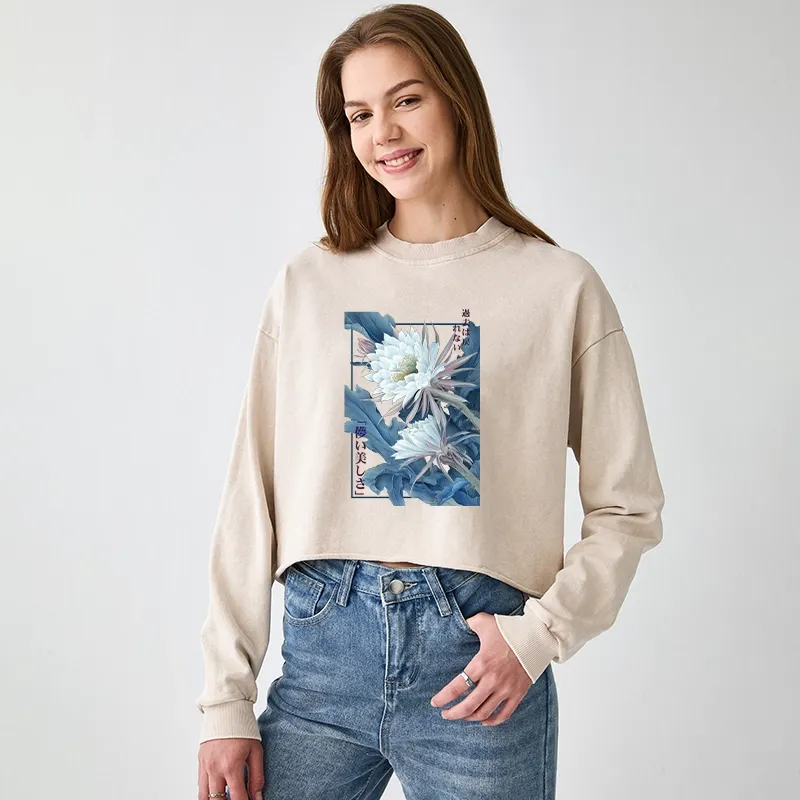 Tokyo-Tiger Vintage Epiphyllum-Short-lived beauty Poster Washed Crop Sweatshirt