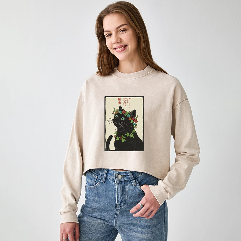 Tokyo-Tiger The Flower-Crowned Cat Washed Crop Sweatshirt