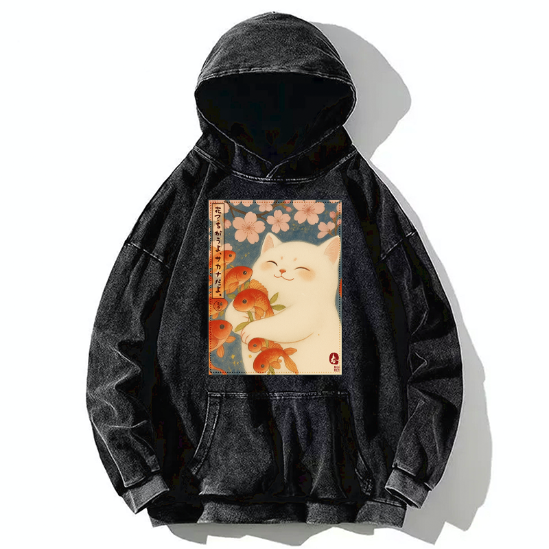 Tokyo-Tiger Funny Ukiyoe Cat and Fish Flower Washed Hoodie