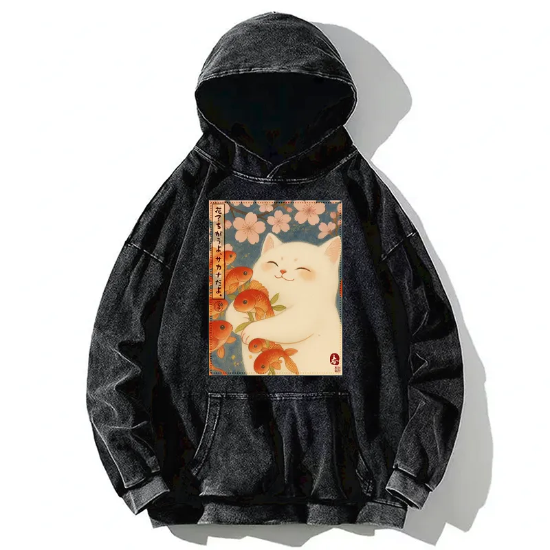 Tokyo-Tiger Funny Ukiyoe Cat and Fish Flower Washed Hoodie