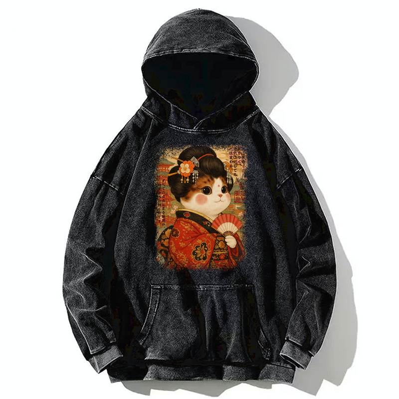 Tokyo-Tiger Ukiyoe Japanese Cat Princess Washed Hoodie