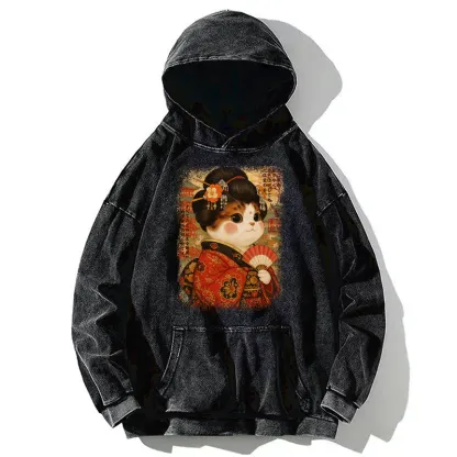 Tokyo-Tiger Ukiyoe Japanese Cat Princess Washed Hoodie