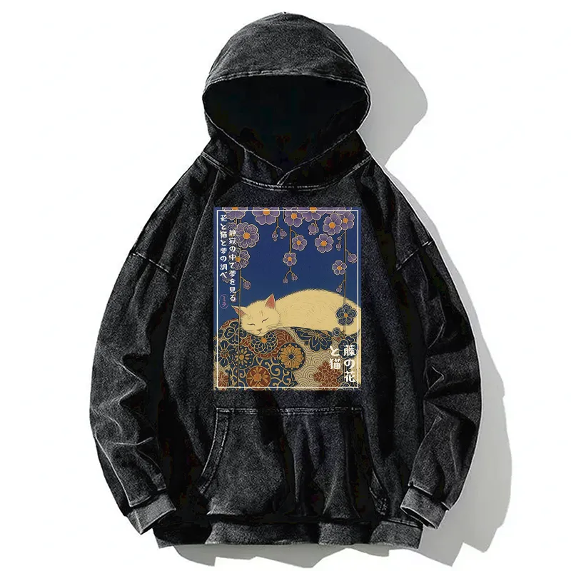 Tokyo-Tiger Ukiyoe Wisteria Flowers and Cats Washed Hoodie