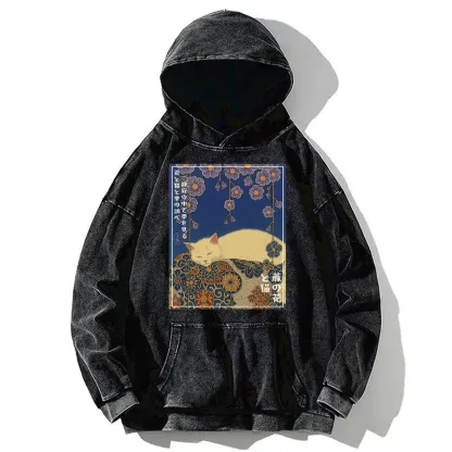 Tokyo-Tiger Ukiyoe Wisteria Flowers and Cats Washed Hoodie