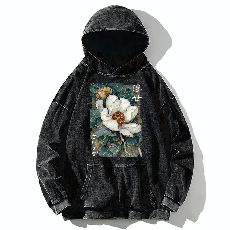 Tokyo-Tiger Ukiyoe Magnolia Flower Poster Washed Hoodie