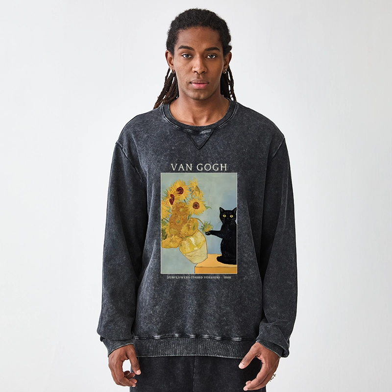Tokyo-Tiger Black Cat With Sunflowers Washed Terry Sweatshirt