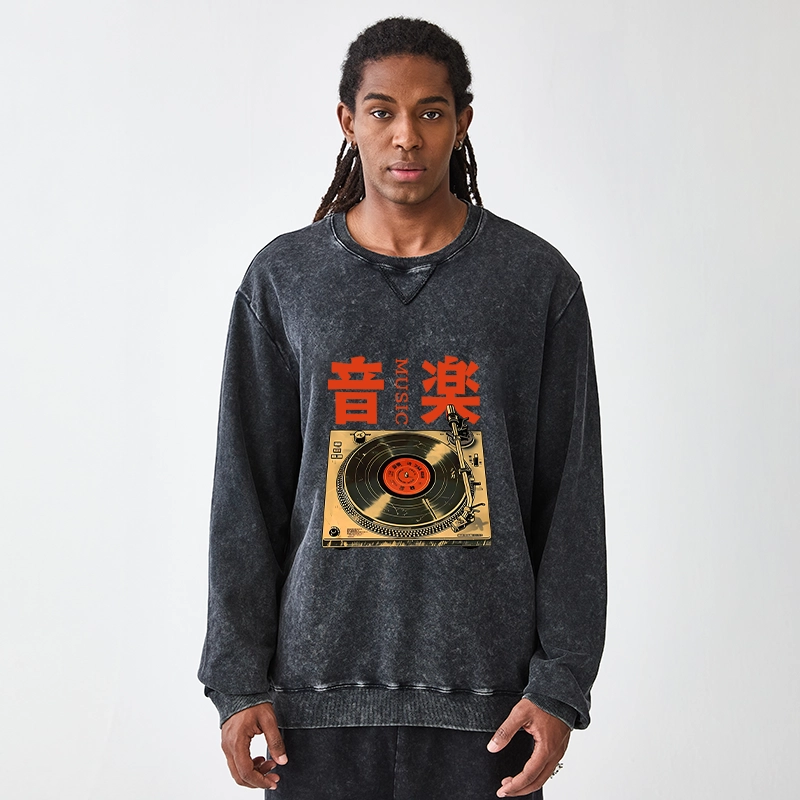 Tokyo-Tiger Retro Music Record Player Washed Terry Sweatshirt