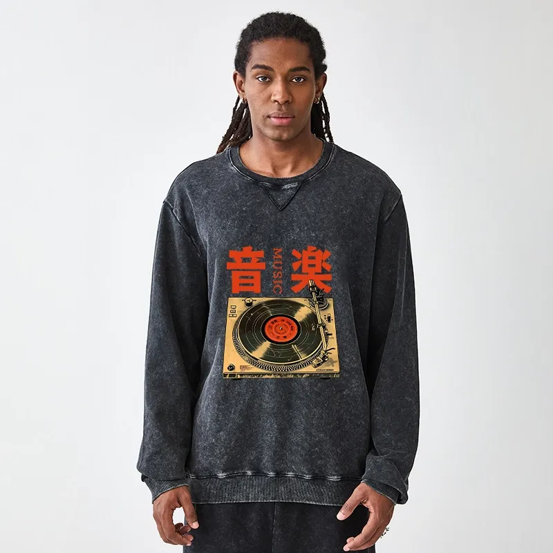 Tokyo-Tiger Retro Music Record Player Washed Terry Sweatshirt