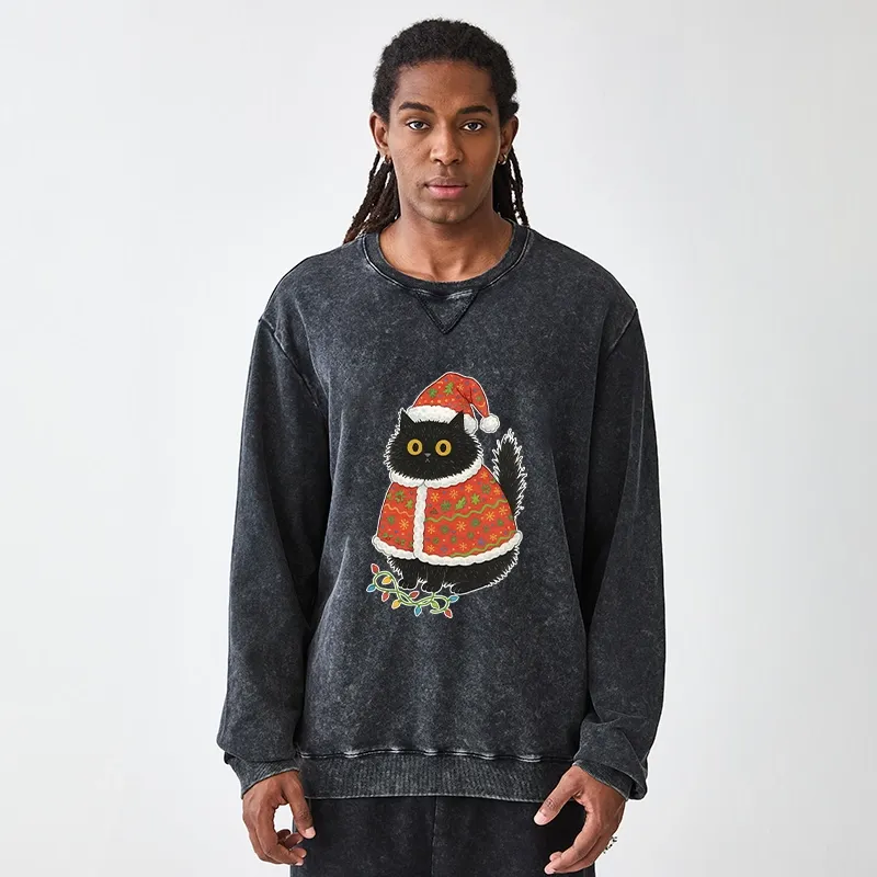 Tokyo-Tiger Cat Wearing Santa Hat Washed Terry Sweatshirt