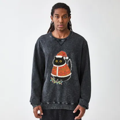 Tokyo-Tiger Cat Wearing Santa Hat Washed Terry Sweatshirt