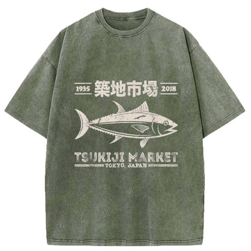 Tokyo-Tiger Retro Tsukiji Fish Market Streetwear Tokyo Washed T-Shirt