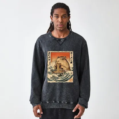 Tokyo-Tiger Hamster Eating Ramen Washed Terry Sweatshirt