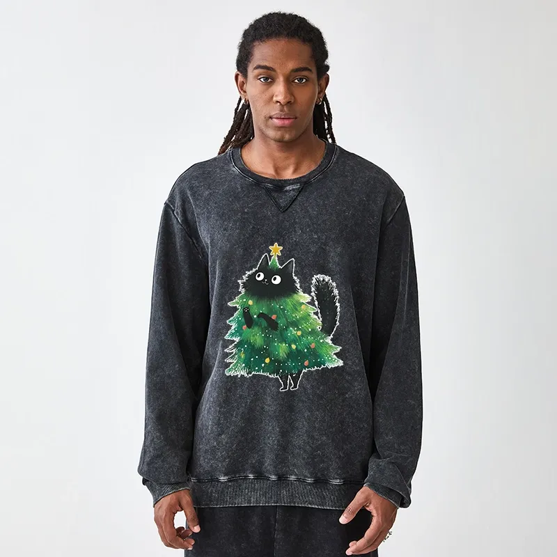 Tokyo-Tiger Christmas Tree Cat Japan Washed Terry Sweatshirt