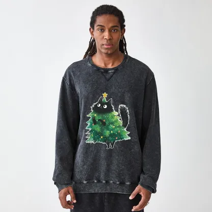 Tokyo-Tiger Christmas Tree Cat Japan Washed Terry Sweatshirt