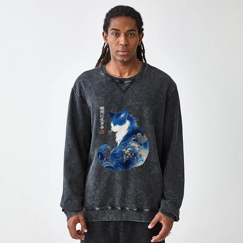 Tokyo-Tiger Retro Zen Cat: Living the Present Washed Terry Sweatshirt